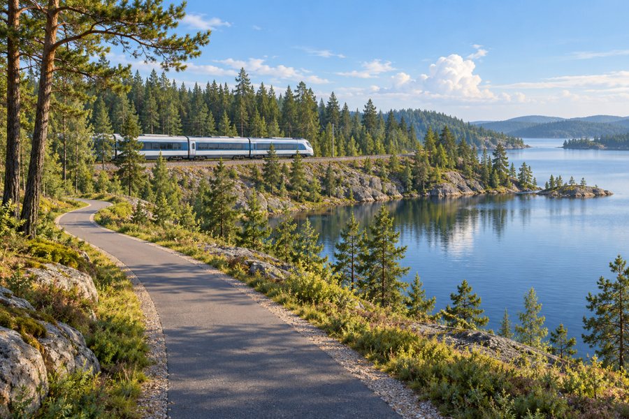Zug und Radweg vor finnischer Seen- und Waldlandschaft – symbolische Illustration.