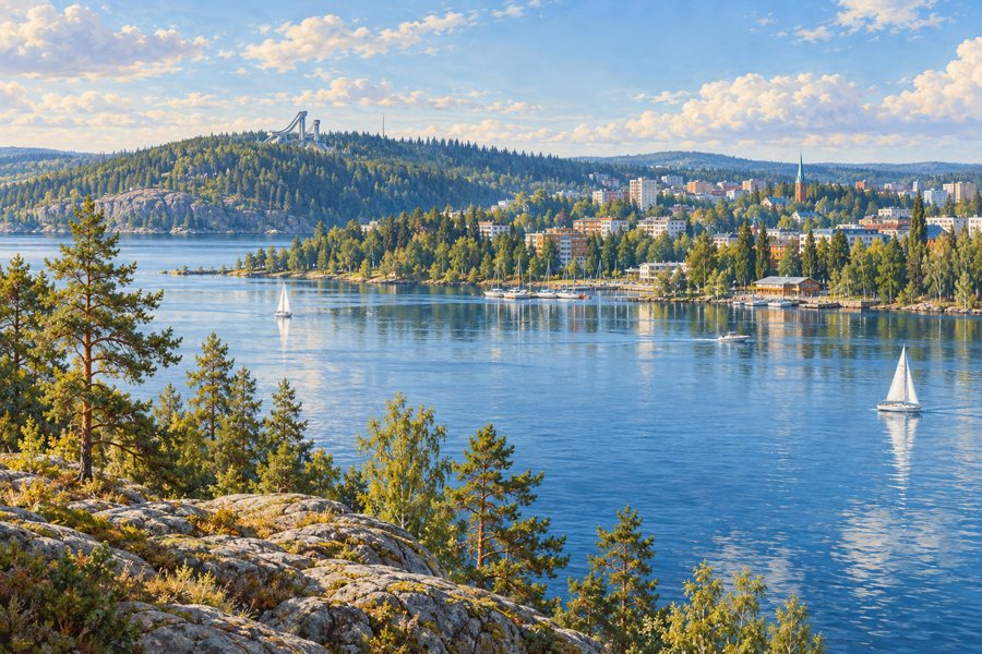 Illustration mit See, Segelbooten und bewaldetem Höhenzug vor einer kleinen Stadtsilhouette.