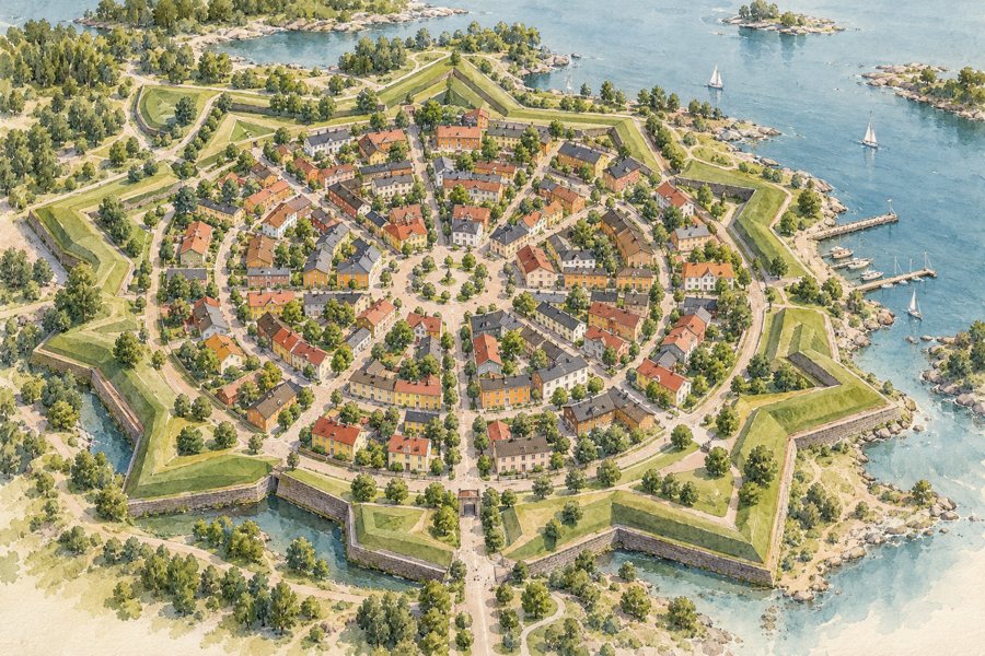 Symbolische Küstenstadt mit kreisförmigem Festungsring