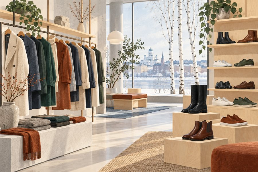 Bekleidungs- und Schuhgeschäft mit Kleiderständern und Schuhregalen – symbolische Innenansicht.