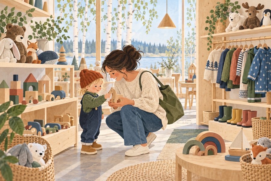 Elternteil und Kind in einem hellen Spielzeug- und Kinderkleidungsgeschäft.