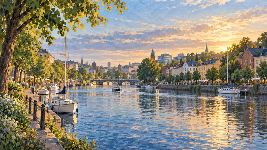Breiter Fluss mit Booten und grünen Ufern in einer nordischen Stadtkulisse