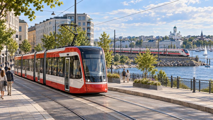 Straßenbahn und weitere Verkehrsmittel an einem finnischen Stadtufer – symbolische Illustration.