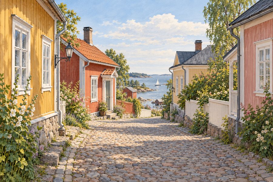 Illustration einer kopfsteingepflasterten nordischen Holzhausgasse mit Blick zum Meer.