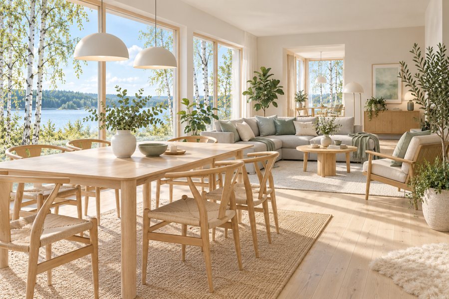 Helles Wohnambiente mit Sofa, Holztisch und Pflanzen als symbolisches Einrichtungsbeispiel.