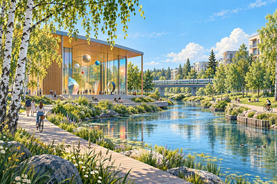 Symbolische finnische Flussstadt mit einem modernen Pavillon am Ufer