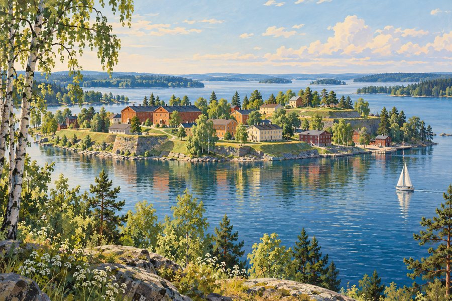 Illustration einer historischen Festungsanlage auf einer bewaldeten Halbinsel am See.