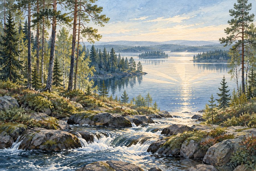 Symbolische finnische Landschaft mit Wald, See und Stromschnellen