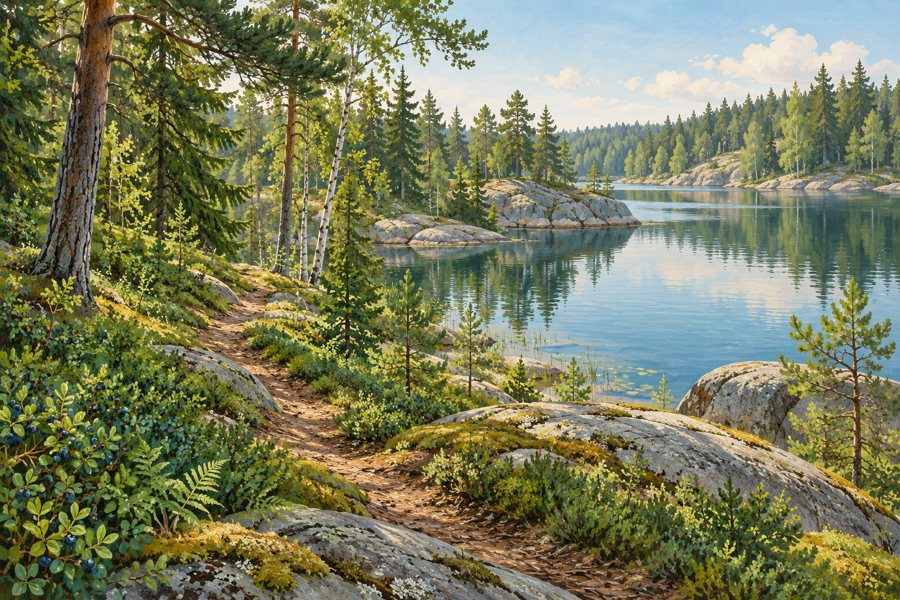Symbolische Wald- und Seenlandschaft in Südfinnland