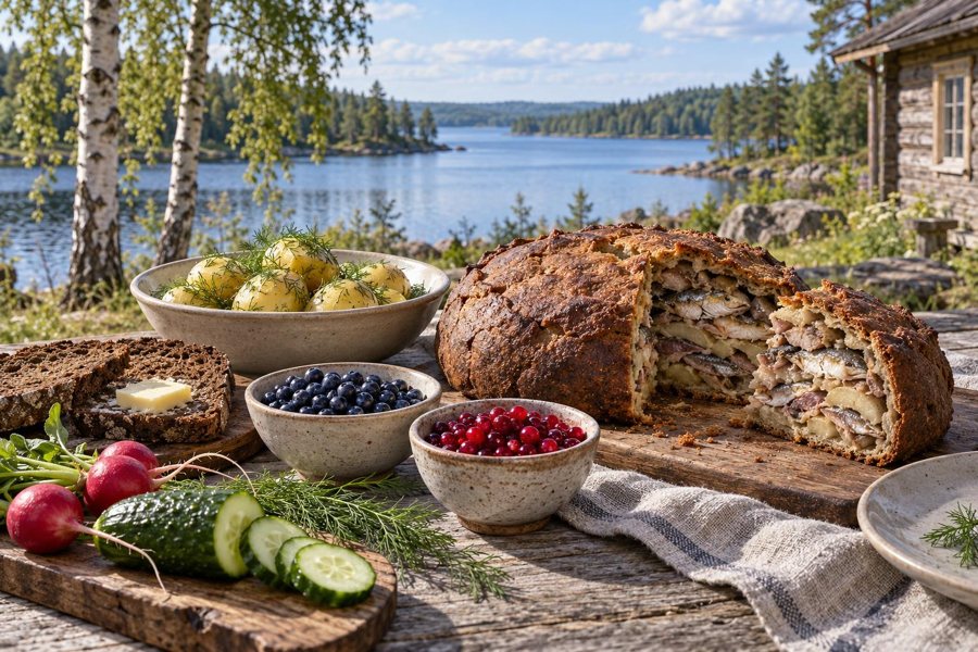 Finnisch inspiriertes Essen mit Roggenbrot, Fischpastete, Kartoffeln und Beeren – symbolische Illustration.