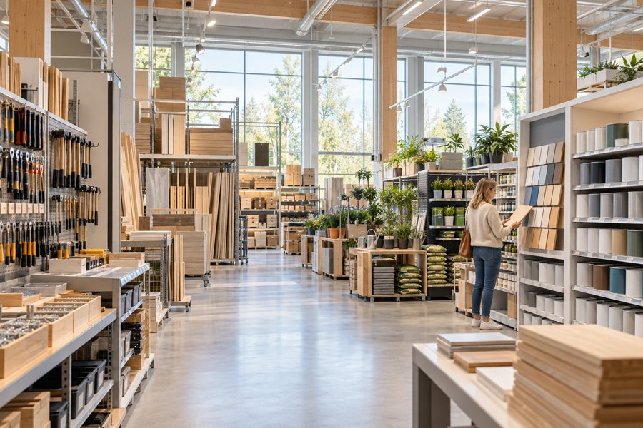 Baumarkt mit Werkzeugen, Holz und Gartenartikeln in symbolischer Darstellung.