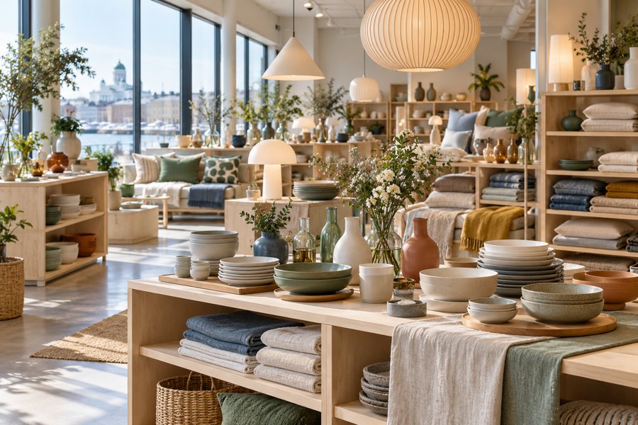 Wohnaccessoires mit Leuchten, Geschirr, Vasen, Pflanzen und Heimtextilien in symbolischer Verkaufsszene.