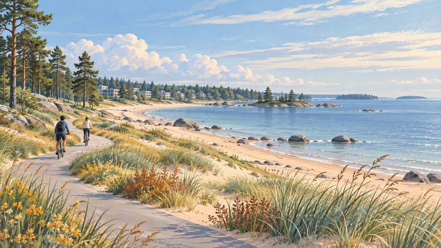 Finnische Küste mit Sandstrand, Dünengräsern und Kiefern