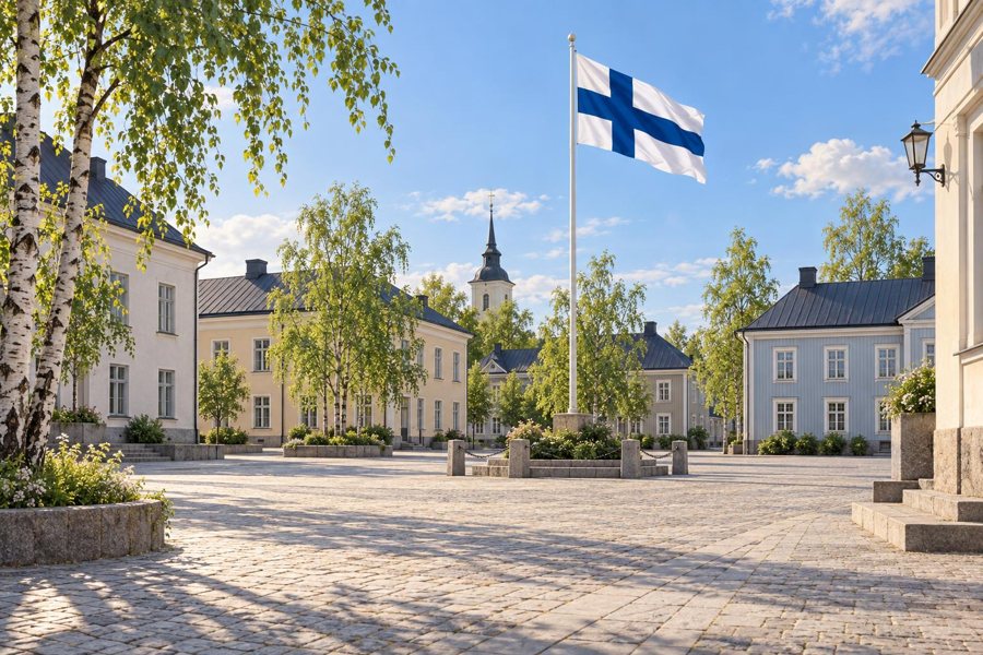Finnische Flagge über einem ruhigen Platz an einem Sommertag – symbolische Illustration.