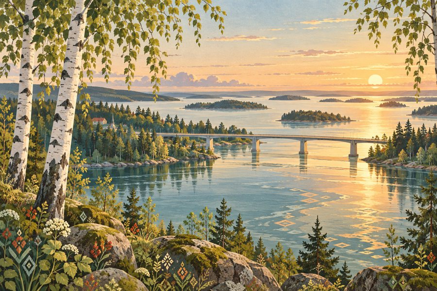 Symbolische nordkarelische Seenlandschaft mit Flusslauf und Brücke