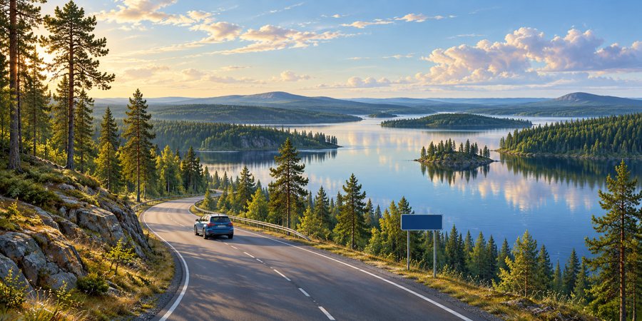 Auto auf einer Straße durch eine bewaldete finnische Seenlandschaft – symbolische Illustration.