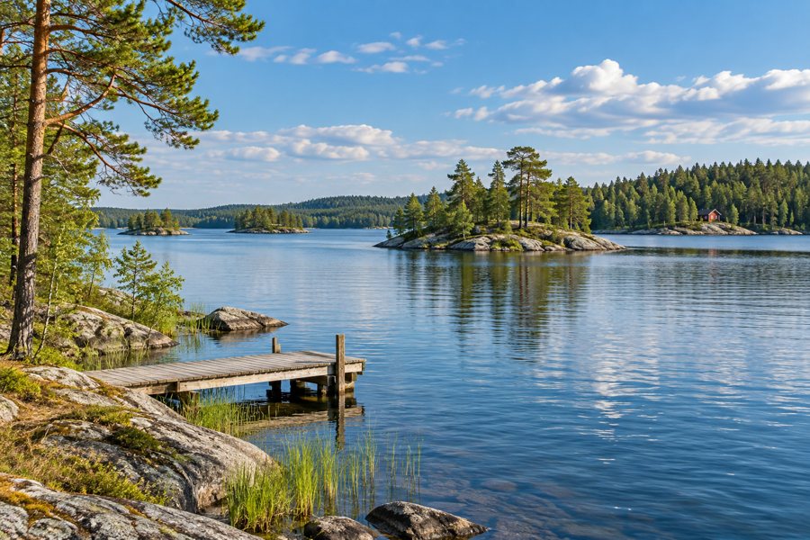 Holzsteg am finnischen See mit bewaldeten Inseln und sommerlichem Himmel