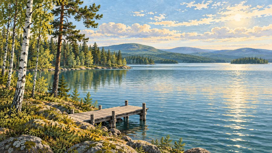 Finnischer See mit bewaldeten Ufern und kleinem Anleger