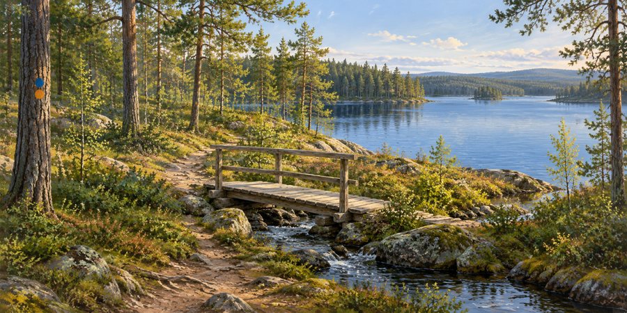 Bewaldeter Seeuferweg mit kleiner Holzbrücke – symbolische finnische Landschaftsillustration.