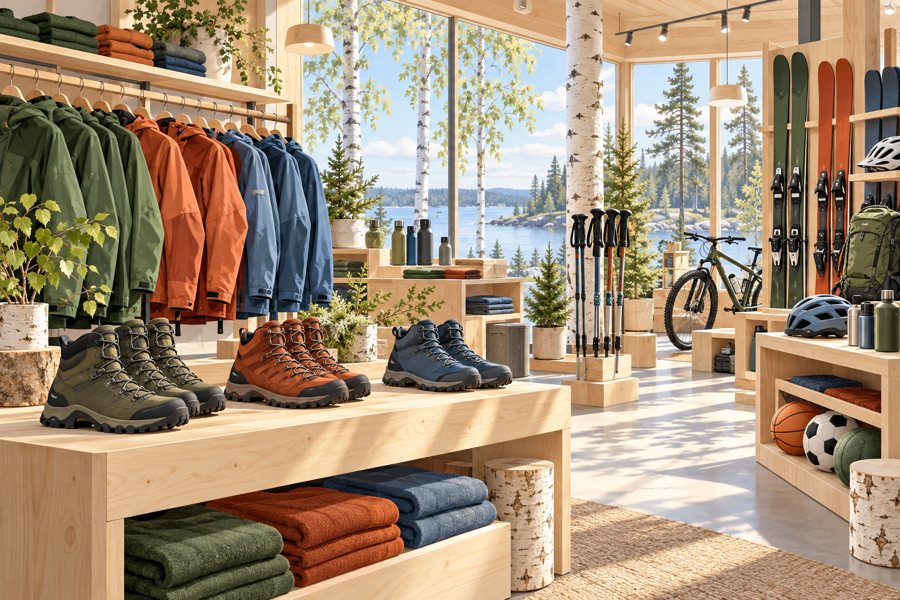 Sportgeschäft mit Outdoor-Kleidung, Wanderschuhen und Fahrrädern als symbolische Illustration.