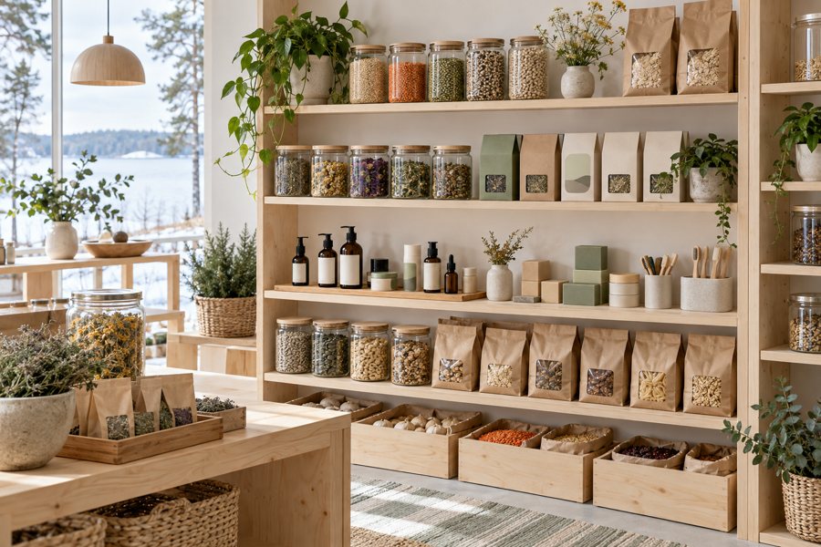 Naturshop mit Gläsern und Packungen für Bio-Lebensmittel sowie Körperpflege.