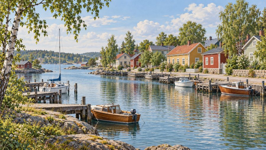 Küstenhafen mit bunten Holzhäusern, Booten und ruhigem Wasser