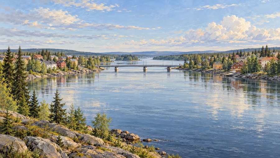 Nördlicher Fluss mit Brücke und bewaldeten Ufern