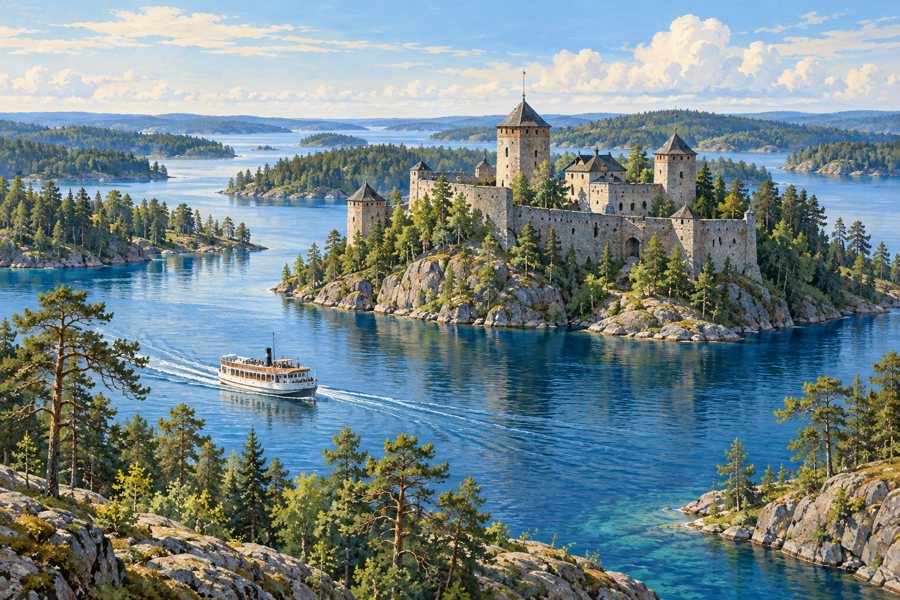 Symbolische Burglandschaft auf einer Insel im finnischen Seengebiet