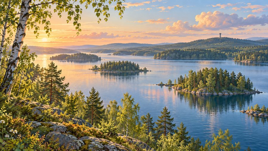 Finnische Seenlandschaft mit bewaldeten Inseln im Abendlicht