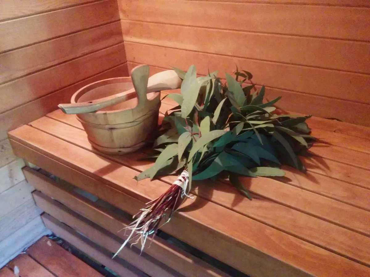 Sauna mit Aufgusseimer und Birkenzweigen